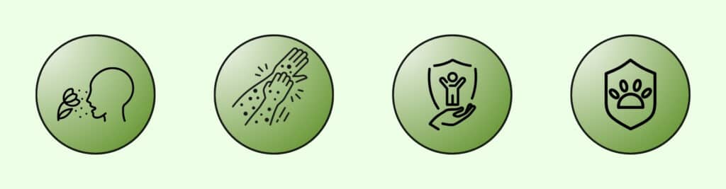 Icons informing whether the moss is safe. Icon of allergies, allergies, safety of children and animals