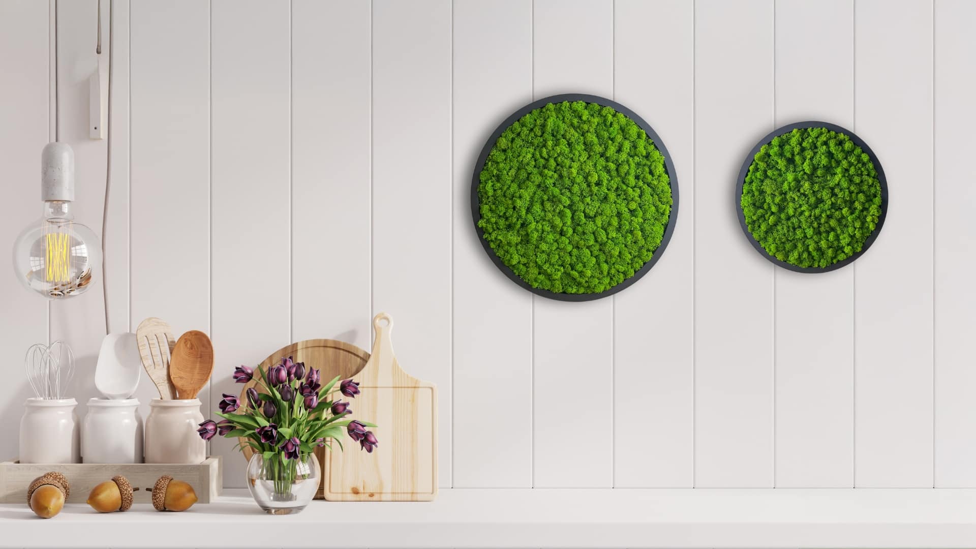 Plants for the kitchen - moss panels Brave over the kitchen countertop.