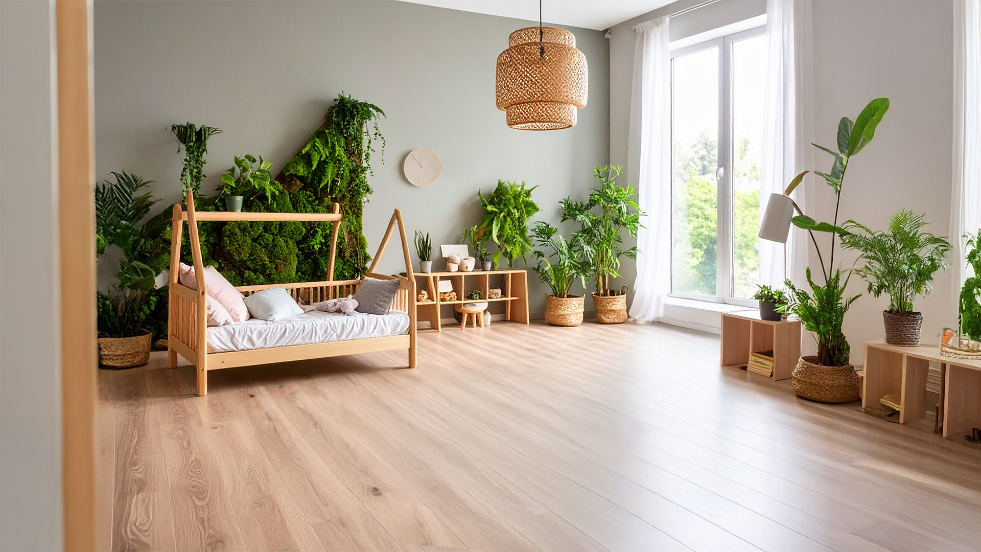 Rośliny do pokoju dziecięcego, w tym stabilizowany mech w tle łóżka