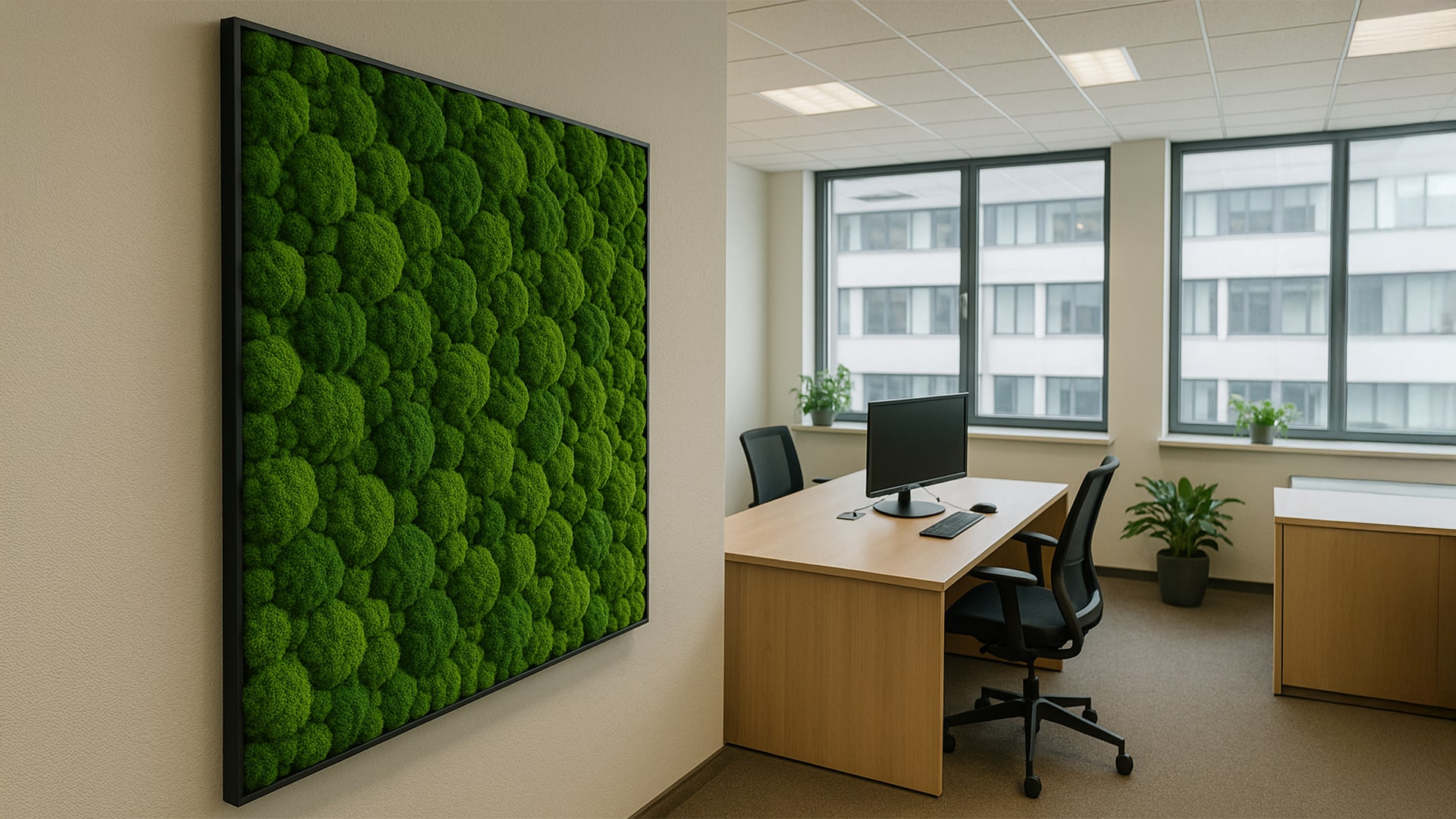Dekoracja z mchu stabilizowanego na ścianie w biurze