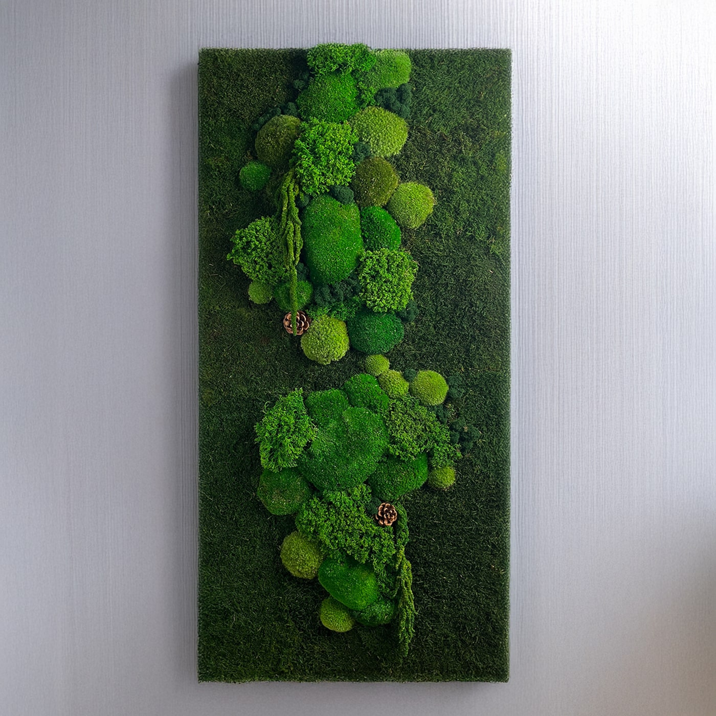 A panel of moss and stabilized plants on a white wall.